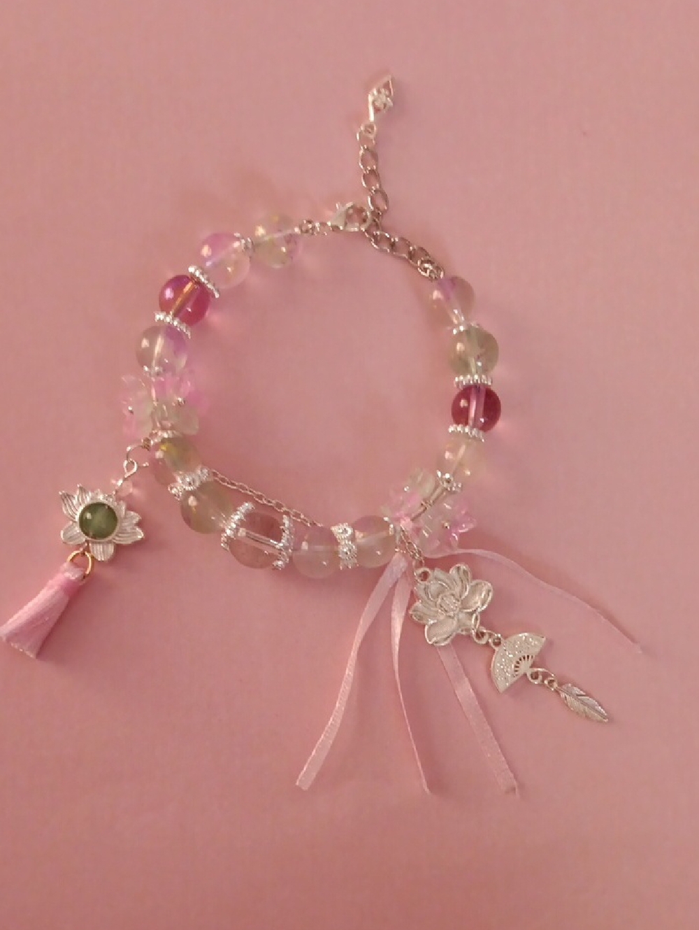 Beautiful Pink Beaded Charm Bracelet New!